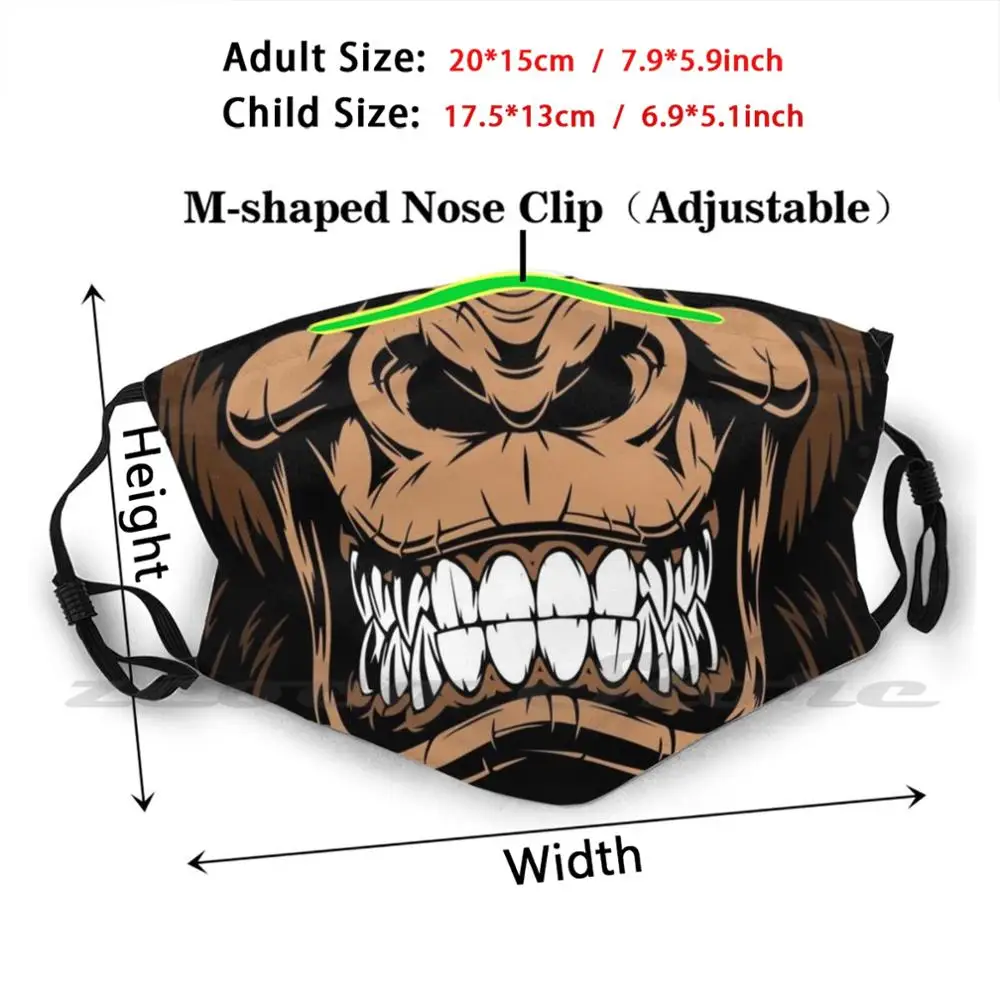 Gorilla Face Mask Cloth Reusable Print Filter Washable Gorilla Face Gorilla Monkey Orangutan Gorilla Teeth Gorilla Mouth Fierce