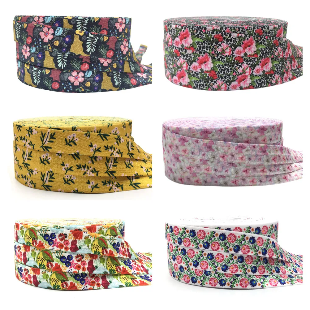 16mm Flowers Print Fold over Elastic Band Sewing Tape Handmade Crafts Accessories DIY Baby Headband Hair Ties