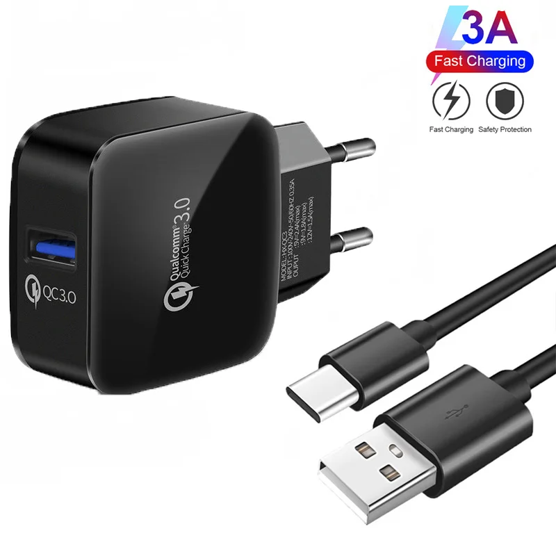 Typ-C USB Schnelle Ladegerät Kabel Quick Charge 3,0 EU Wand Stecker Für Xiaomi Poco M3 F3 X3 Pro 9T Hinweis 10 9 8 Lite 1m Typ-C USB Kabel