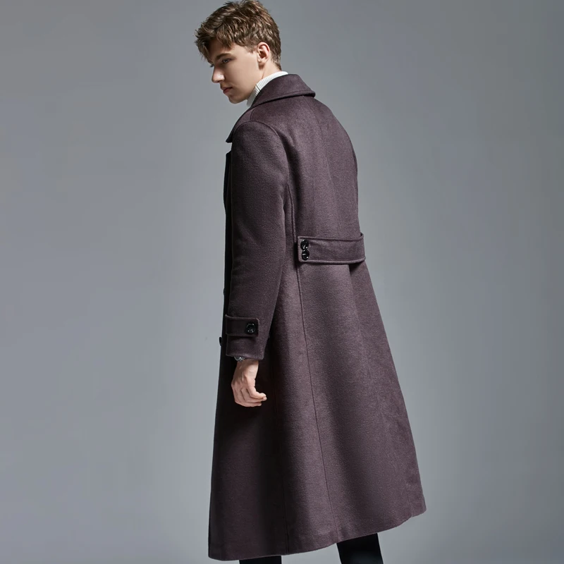 2023 Autumn/Winter New Causal Extra Long Wool Coat For Mens Fashion Double Breasted Purple Brown Woolen Coat Free Shipping