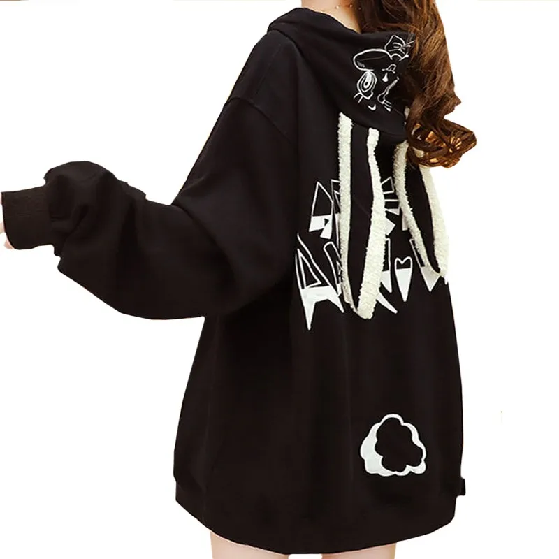 

Winter Casual Kawaii Plus Velvet Women Hoodie Sweatshirt Harajuku Print Cartoon Big Ear Bunny New Pullover Letter Coat Female