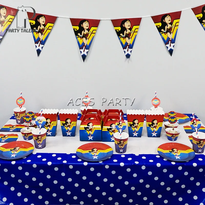 Party Combo Set For 12 Kids Wonder Girl Birthday Baby Shower Party Supplies Disposable Tableware Decor Banner Tablecloth Etc.