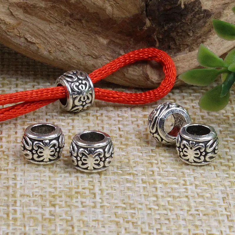 30pcs/lot Antique Silver Color Bracelets Spacer Beads 8x6mm Big Hole Decoration Woven Beard Hair Loose Beads DIY Jewelry Making