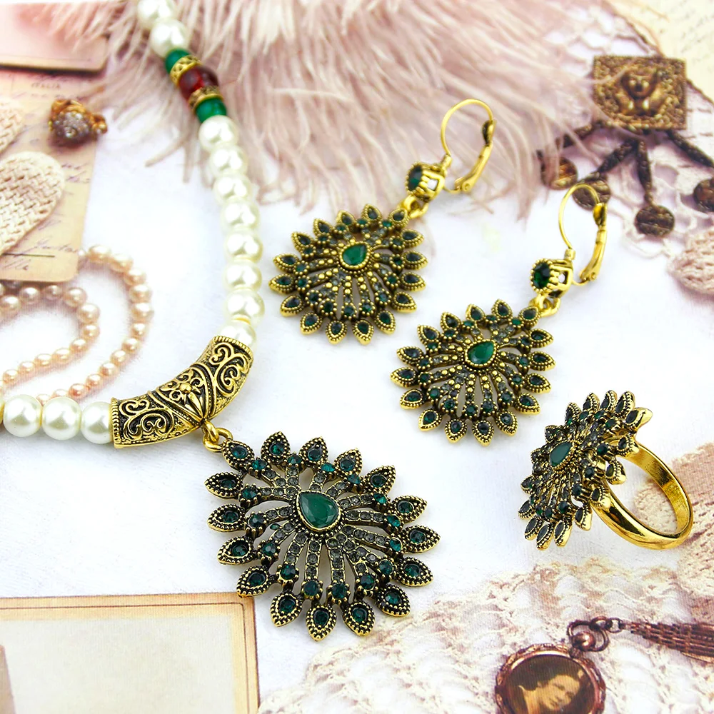 Sunspicems 2021 Algerian Beaded Wedding Jewelry Set for Women African Flower Earrings Necklace Ring Antique Gold Color bijoux