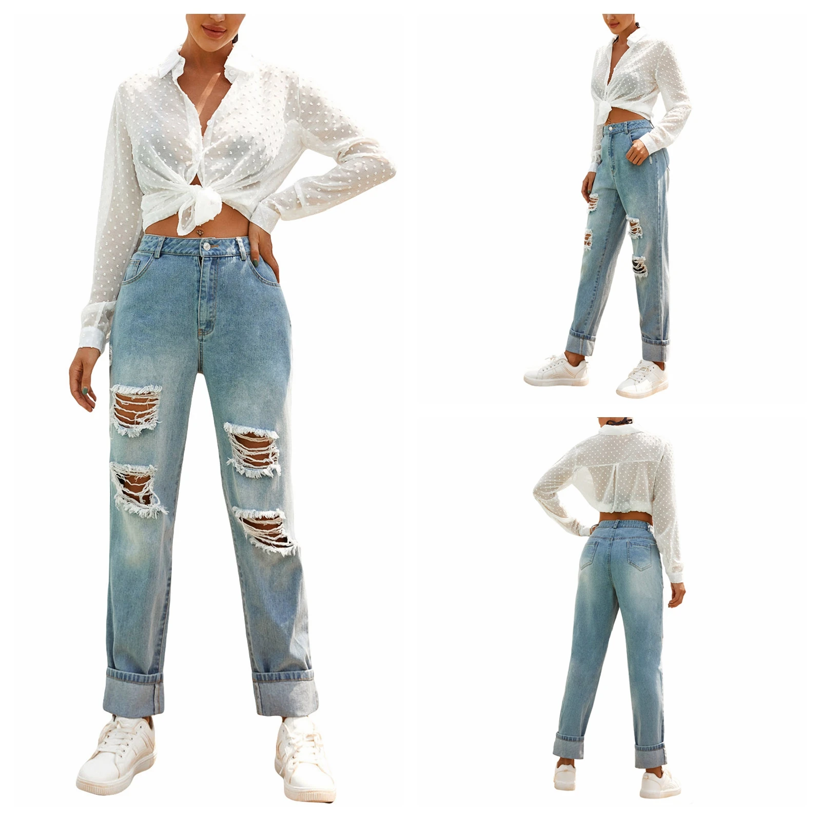 Nice Pop Women Casual Ripped Jeans, Adults Solid Color High Waisted Trousers With Pocket (Blue)