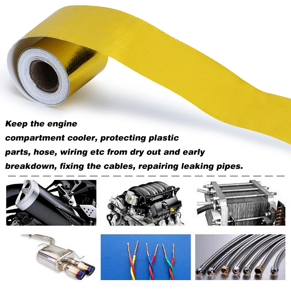 A Gold 2'' Thermal exhaust Tape Air Intake Heat Insulation Shield Wrap Reflective Heat Barrier Self Adhesive Engine 2 Inch 5/10M