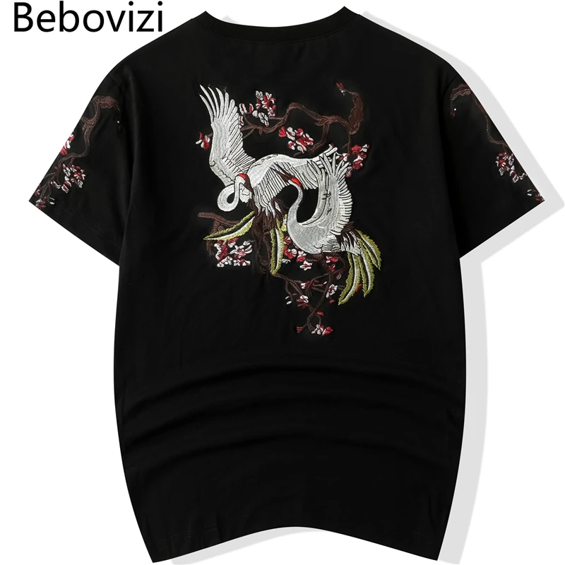 2021 Chinese Style Men Streetwear Harajuku T-Shirt Fashion Crane Embroidery Tshirt Summer Japanese Short Sleeve T Shirt Casual