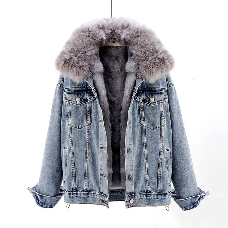 Winter Removable Fox Fur Collar Rex Rabbit Fur Liner Denim Jacket Women Loose Casual Short Thick Warm Jeans Jacket Coat Female