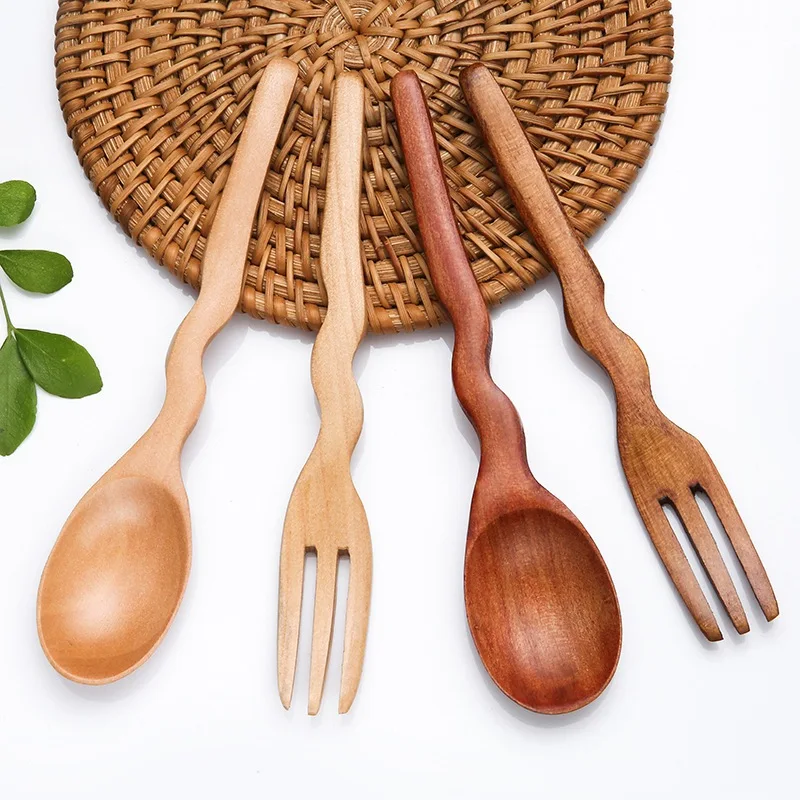 Wooden Handle Tea Spoon Wavy Shape Solid Wood Fork Dessert Restaurant Small Wooden Soup Spoon Home Tableware Fork Utensils D