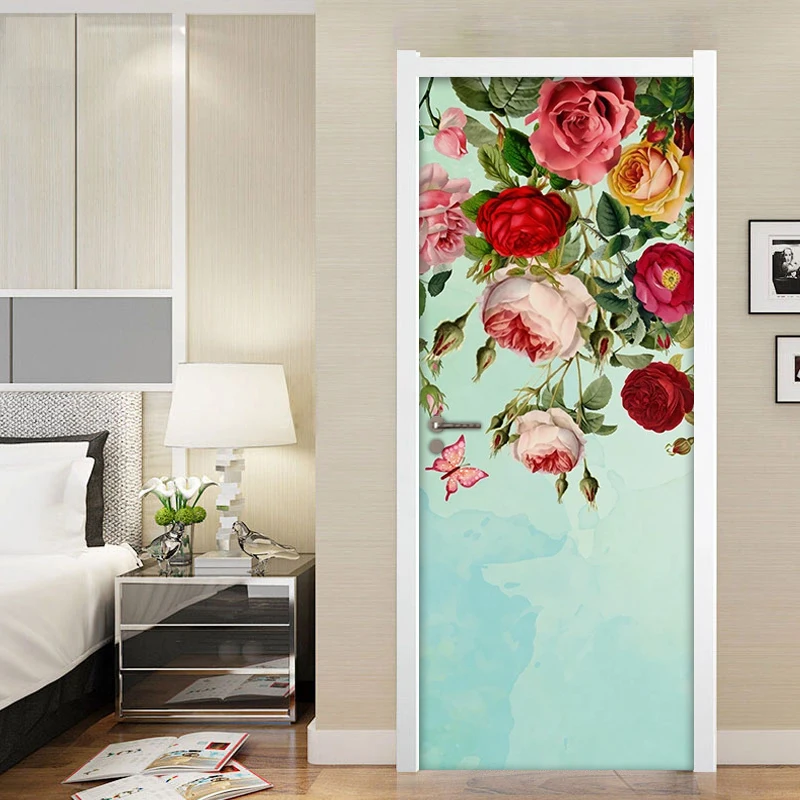 DIY 3D Beautiful Flowers Butterfly Door Sticker For Living Room Bedroom PVC Self Adhesive Wallpaper Waterproof Mural Wall Decals