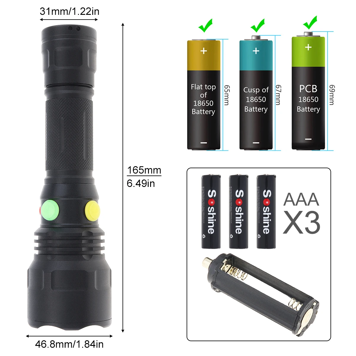 SecurityIng 4 in 1 Colorful Waterproof Tactical Flashlight White Red Green Yellow Light Led Torch Rechargeable for Hunting Hike