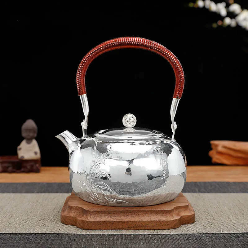 Silver Pot, Pure Silver 999 Kettle, Hand-made One Piece Of Polished Surface, Carved Tea Ceremony, Household Pure