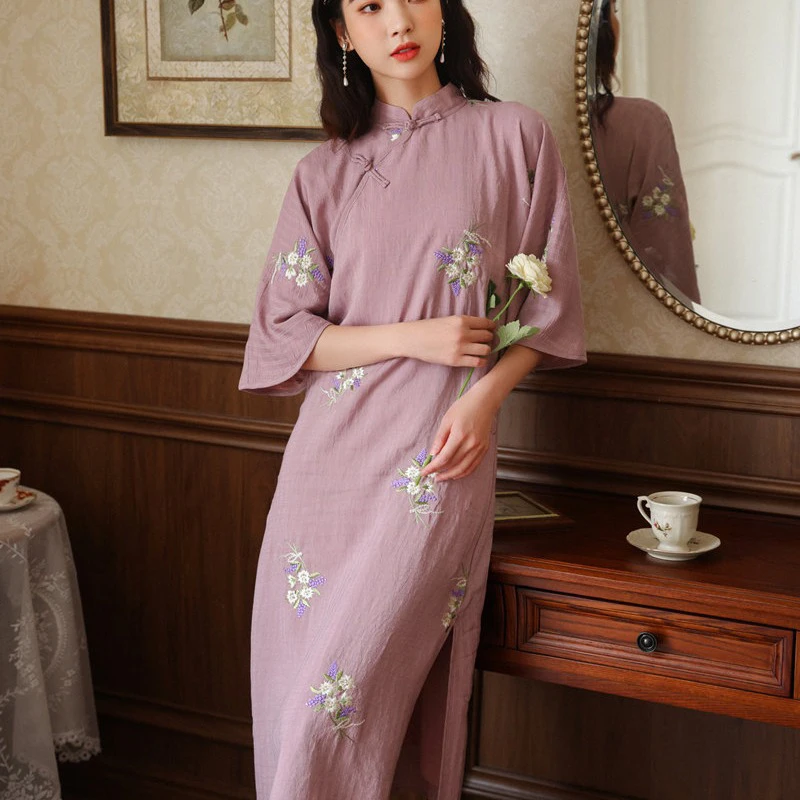 New Fashion Cotton Flower Printing Lady Cheongsam Chinese Style Traditional Women Dress Retro Large Sleeve Antique Dress 2022