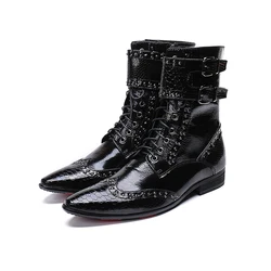 Autumn and winter Short boots man Ostrich pattern Rivet Chelsea boots Metal Tip Red Fashion boots Belt Short Boots