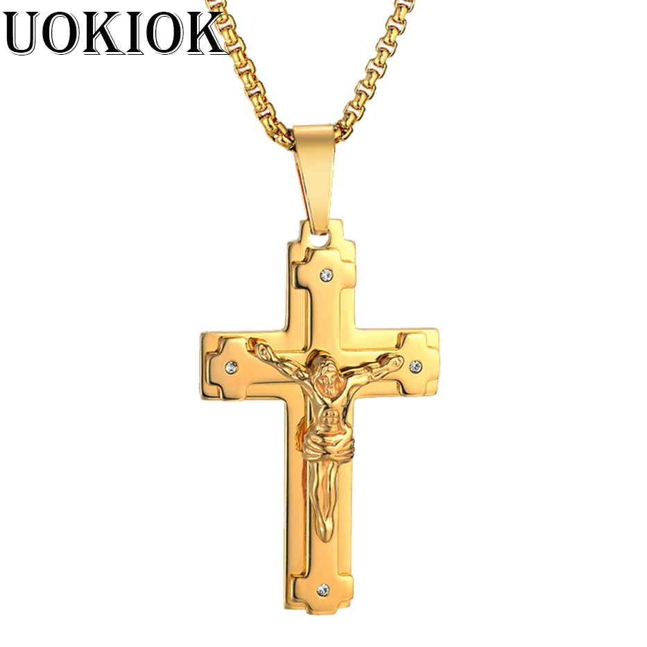 Gold Color Christian Stainless Steel Pendant Necklace for Men Women Fashion Jewelry Crucifix Jesus Cross Chain