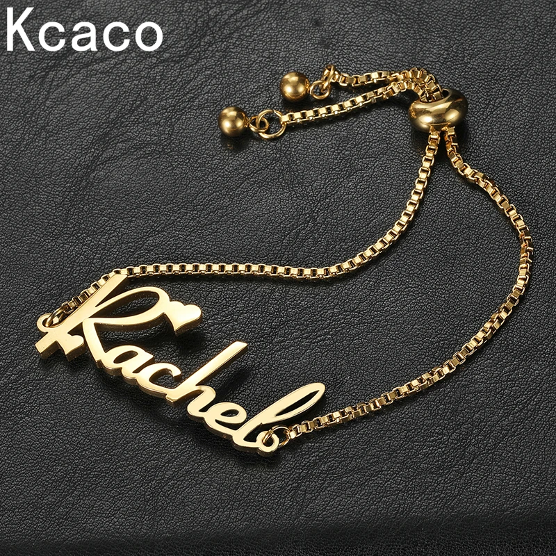 Kcaco Customized Name Bracelet Women Kids Stainless Steel Adjustable Stretch Arabic Letter Bracelets with Box Chain Gifts