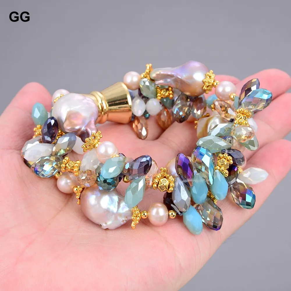 

G-G 8" 3 Rows Natural Purple Baroque Pearl Multi Crystal Bracelet For Women