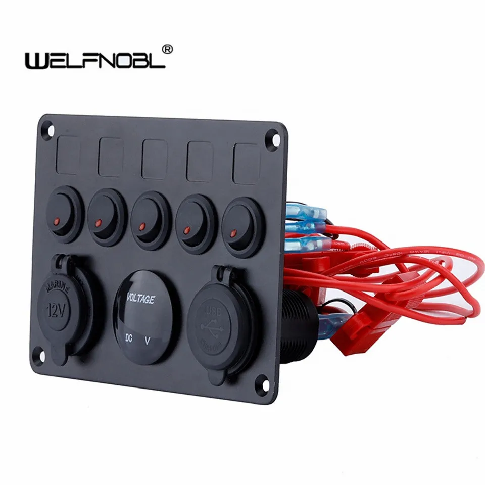 

5 Gang LED Switch Panel 12V Power Outlet 4.2A USB Charger Digital Voltmeter Toggle Switch Control For Boat Camper Marine RV
