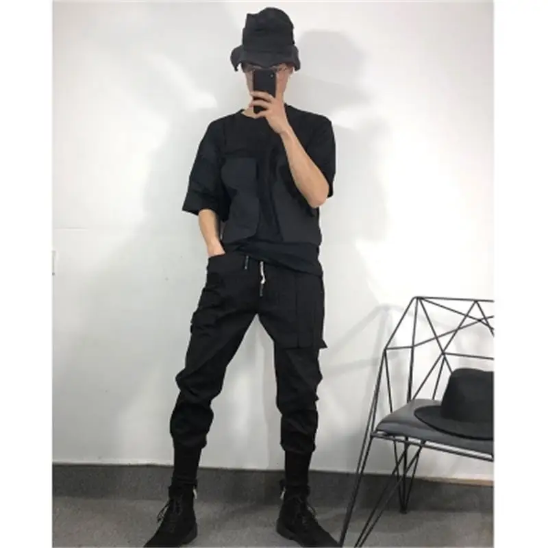 Original summer dark fashion brand loose multi-pocket short-sleeved t-shirt street style hip-hop round collar blazer