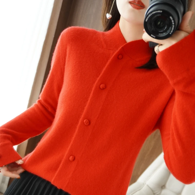 S-XXL Hot Sale New 100% Cashmere Wool Ladies Long Sleeve Knit Cardigan Fashion Premium Coat Sweater Solid ColorSingle-breasted