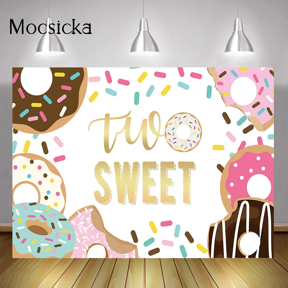 Two Sweet Donut Girl Birthday Backdrop Donuts Sprinkles Donut Children 2nd Birthday Party Banner Background Decorations Props