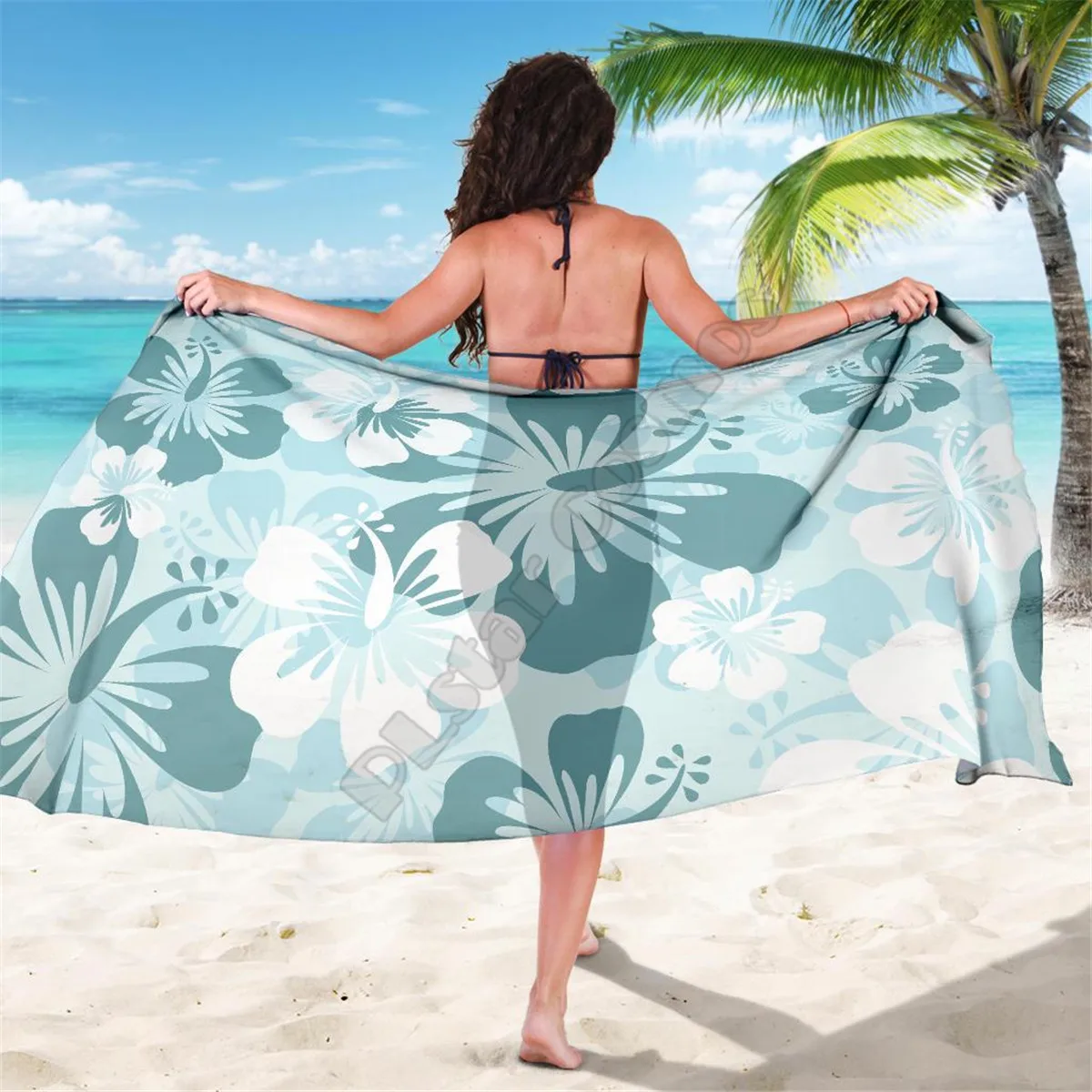 Teal Green Aloha Flowers Sarong 3D printed Towel Summer Seaside resort Casual Bohemian style Beach Towel 02