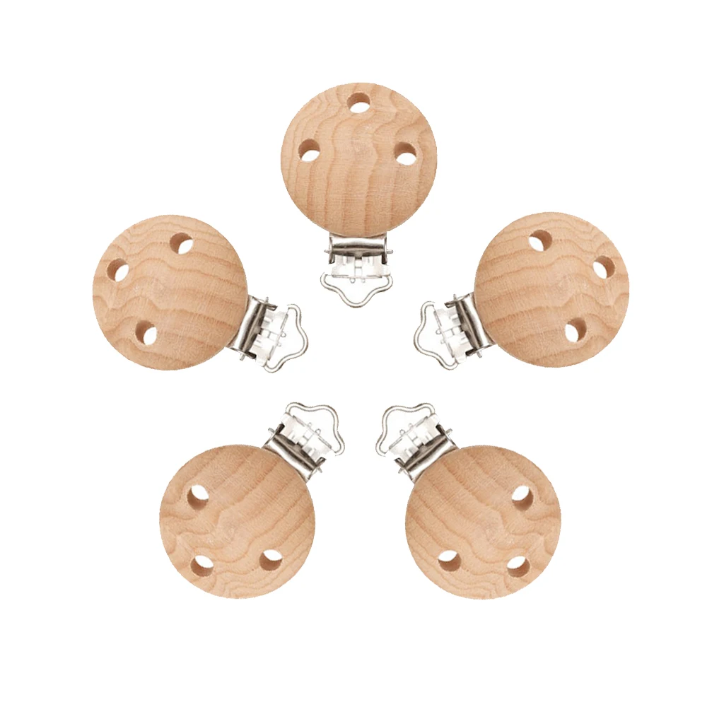 Mabochewing 5pcs 30mm 35mm Powerful Beech Wooden Clip Round Dummy Clip Baby Teething Pacifier Chain Holder Making