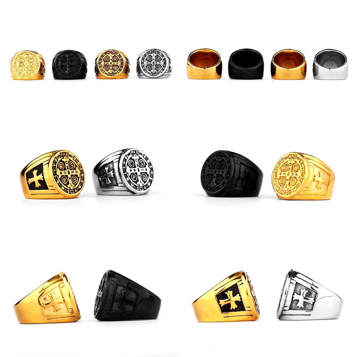 Saint Benedict Religion Cross Ring Men Punk Hip Hop Black Gold Color Stainless Steel Jewelry Biker Amulet Gift for Boyfriend