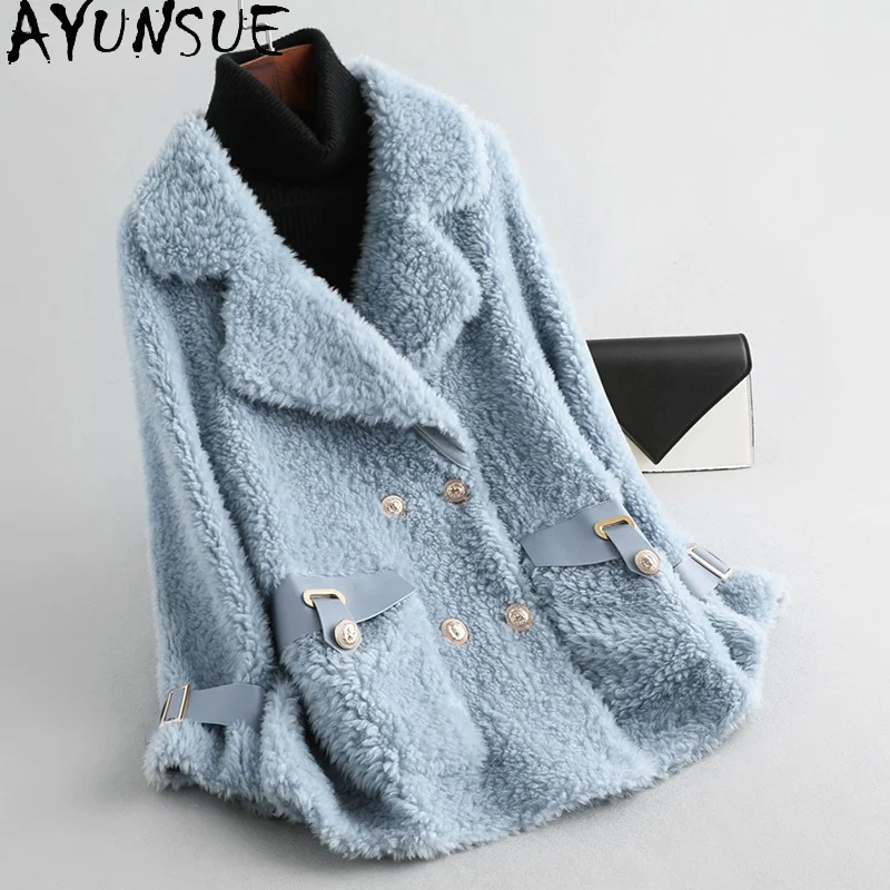 AYUNSUE Thật 100% Áo Khoác Len Nữ Thu Đông 2021 Cổ Cừu Shearling Áo Khoác Nữ Hàn Quốc Áo Khoác Lông Thú Manteau Femme Gxy477