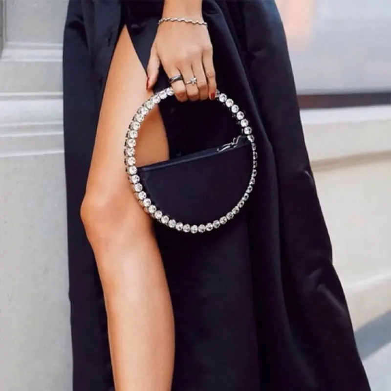 Bolso de noche Circular con diamantes de imitación para mujer, cartera de mano con asa redonda, media luna, 2020