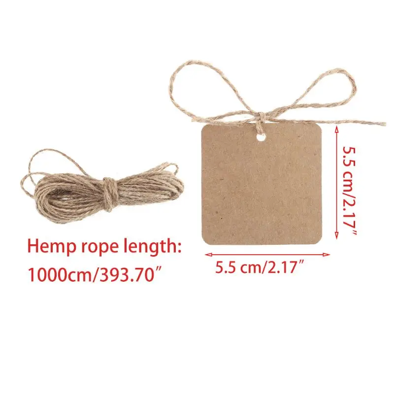 100pcs Blank Square Kraft Paper Gift Hang Tags Wedding Label Price Card Craft with 10m Natural Jute Twine image 6