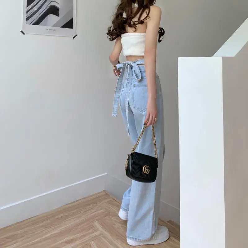 Girly Criss-Cross Back Bandage High Waist Wide Leg Jeans Women Chic Sexy Low Waist Soft Denim Pants Trouser Streetwear