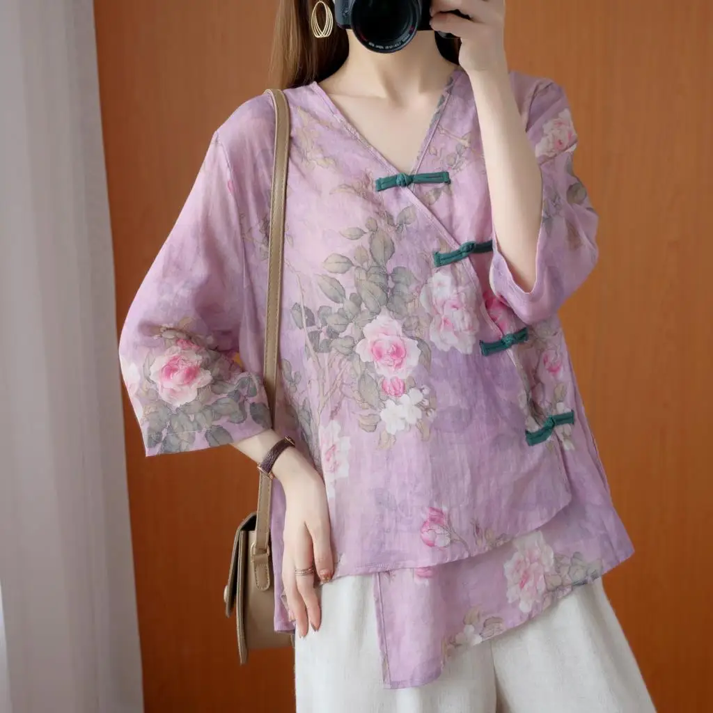 Chinese flower print Hanfu roupas para mulheres, top tradicional chinês, roupas orientais, blusa de linho, novo, 2024