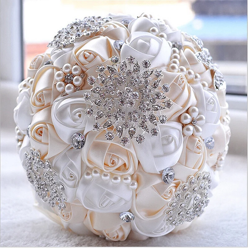 Bouquet de mariage blanc artificiel, perles, demoiselle d'honneur, fleurs en cristal, 2019