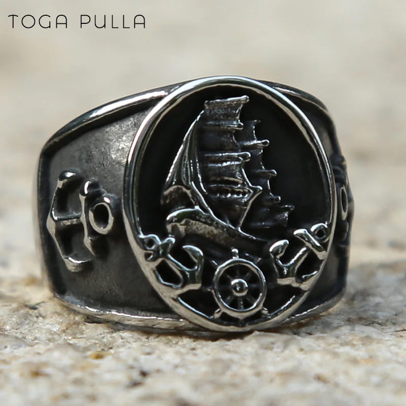 Bague nordique rétro Viking Pirate voilier Punk gothique pour hommes et femmes, anneau de motard avec boussole ancre en acier inoxydable, Punk Rock, bijoux