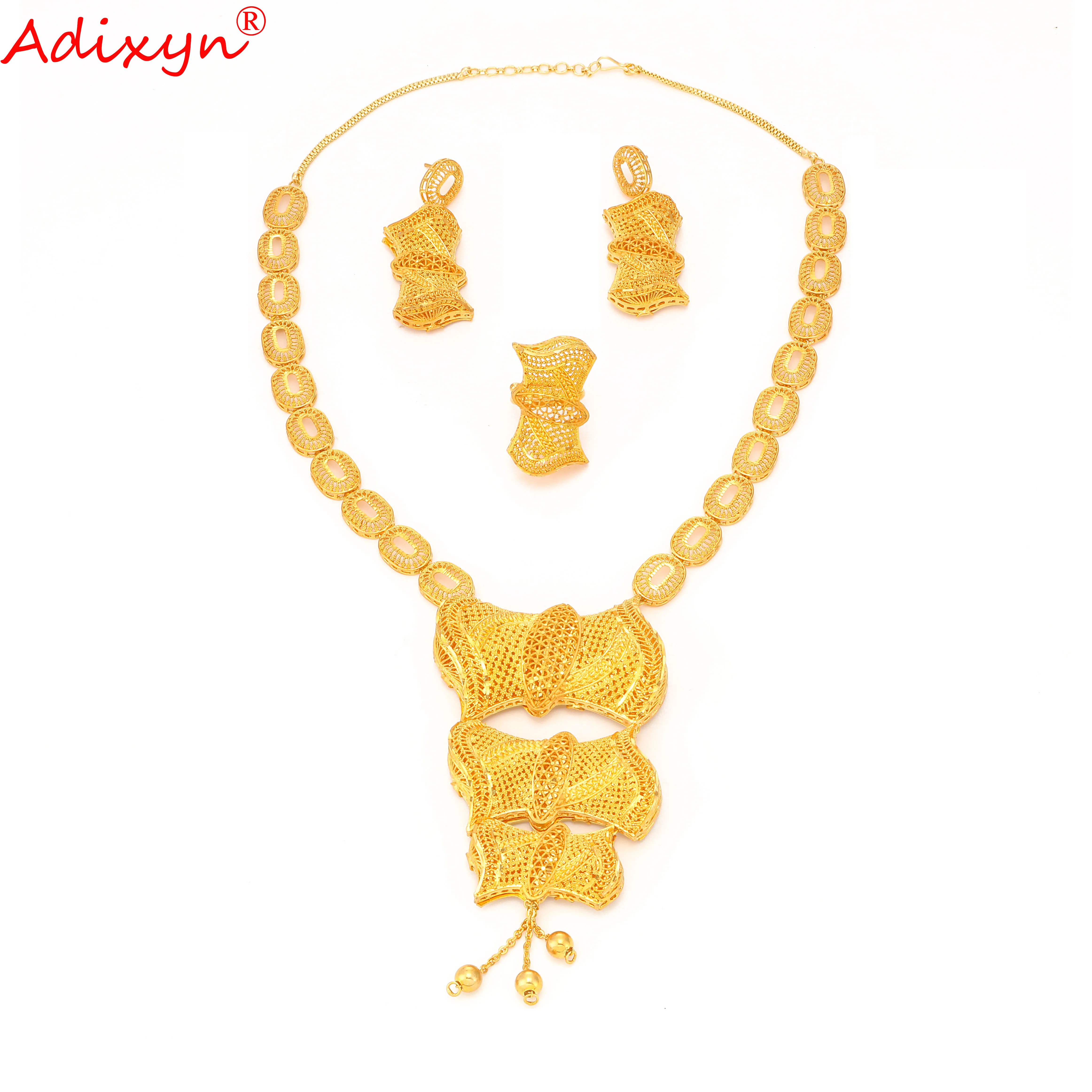 Adixyn Luxury Gold Color Necklace Earrings Ring Jewelry set for Bridal Wedding Women Engagement Arab Jewelry N1021I3