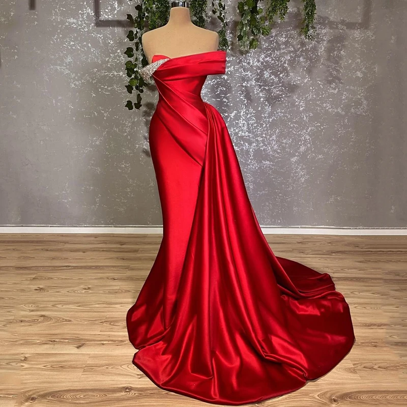 Thinyfull Red Prom Dress Sexy Beadings Floor Length Mermaid Off Shoulder High Split Satin Evening Dresses Dubai Arabic Plus Size