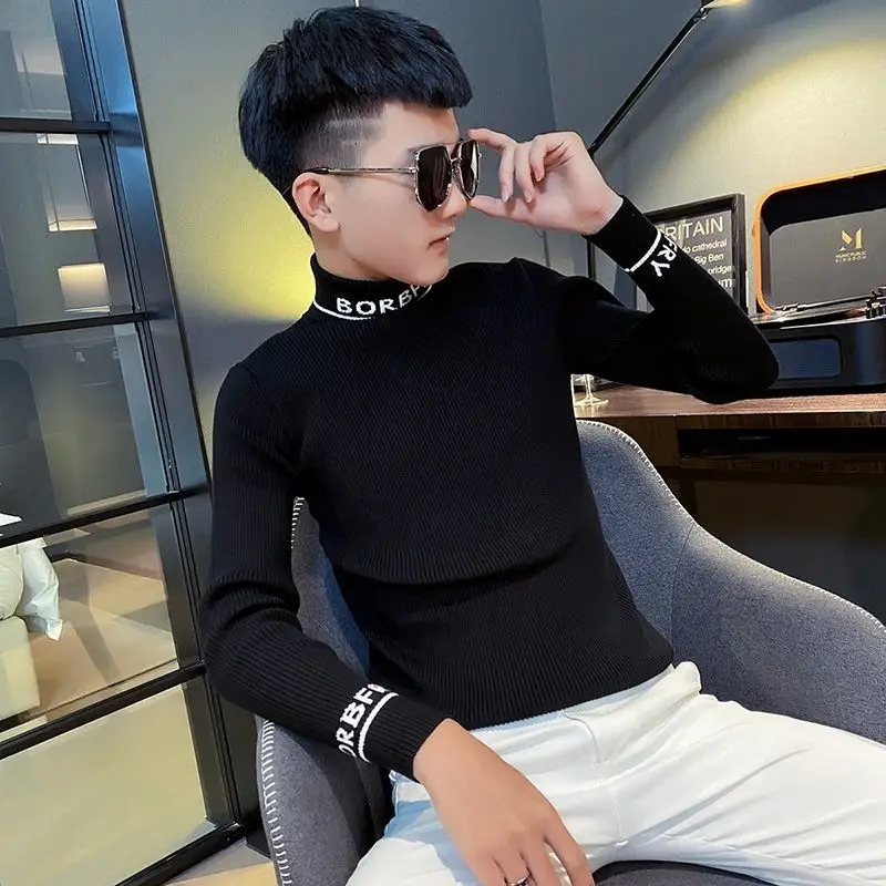 Sweater men\'s high collar winter new sweater Korean slim body bottom shirt black sweater trend sweater sweater