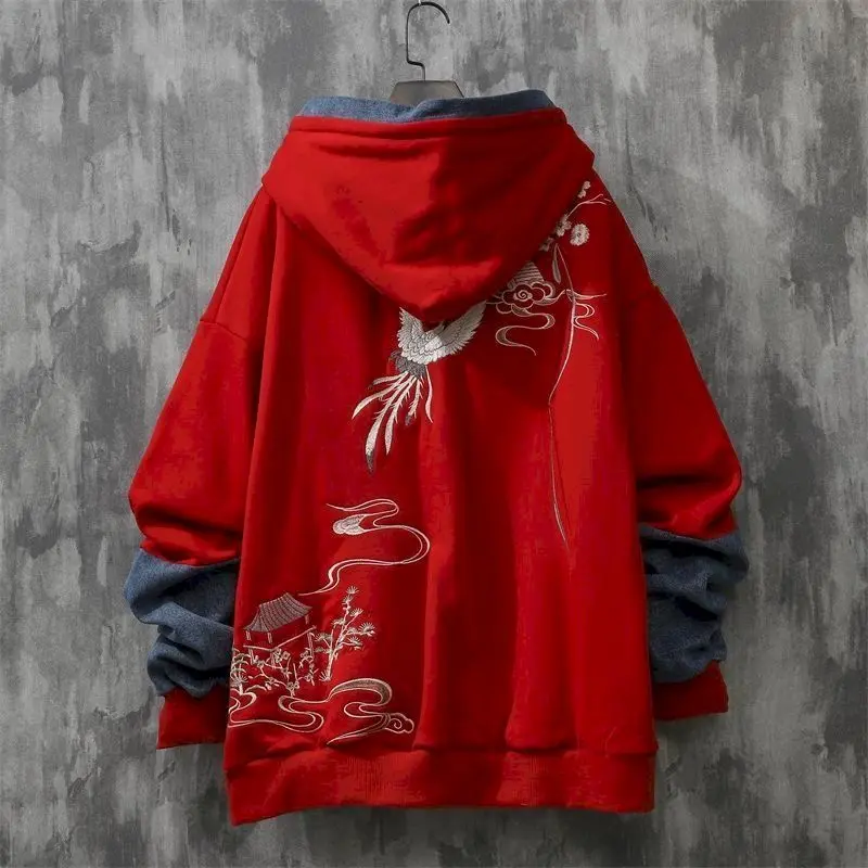 Chinese Crane Embroidery Niche Hoodies Men Japanese Design Sense Casual Handsome Hooded Jacket Mens Thicken Coat Autumn Winter