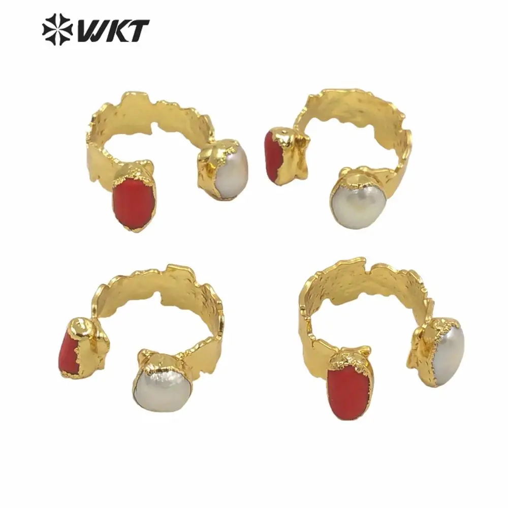 

MPR010 High Quality Double Charm Jewelry Ring Double Charm Red Coral Pearl Lady Ring Gold Electroplated Adjustable Ring