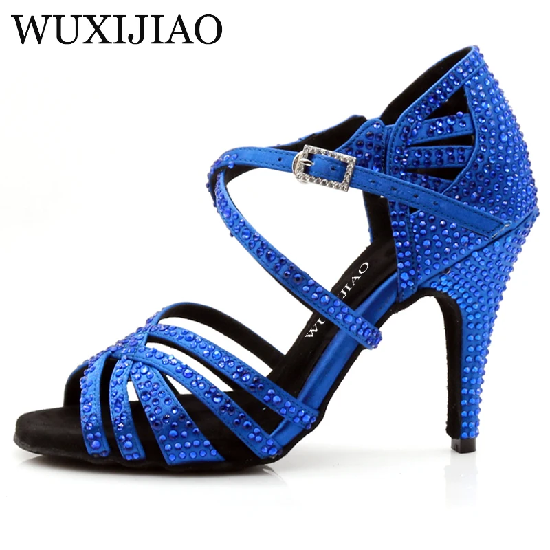 WUXIJIAO-Cetim Sapatos de dança para mulheres, fundo macio, strass brilhantes, vermelho e azul, sapatos de dança salsa, salto 9cm