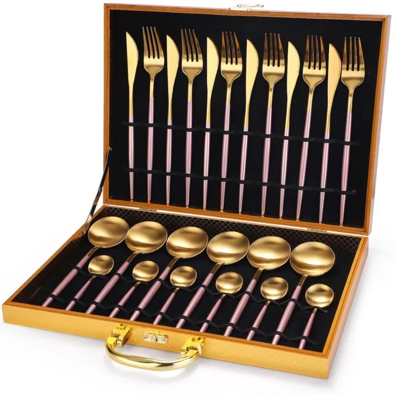 

Luxe Rvs 24 Stuk Bestek Set Gouden Mes, vork En Lepel Bento Houten Doos Etiquette Keuken Accessoires Geschenkdoos