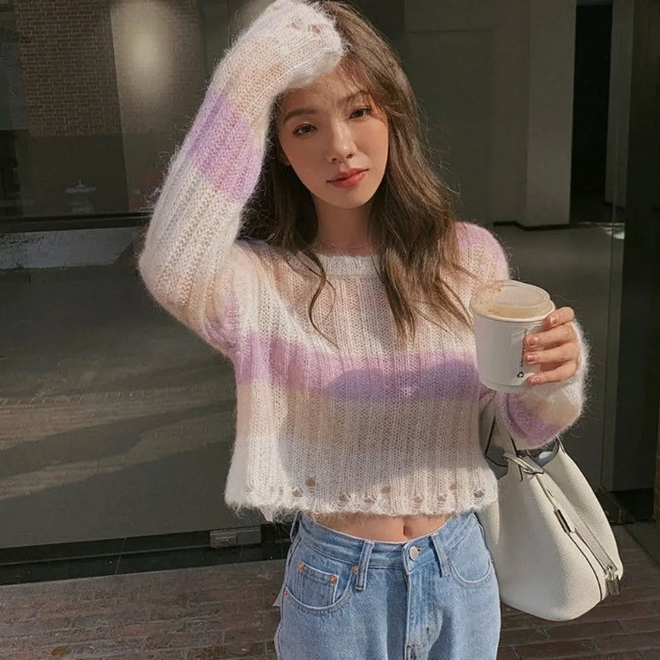 Pullover a righe Donna Cropped Ulzzang Chic All-match Primavera Comodo Mujer O-Collo Maglieria Maglioni Sweet Ins Daily College