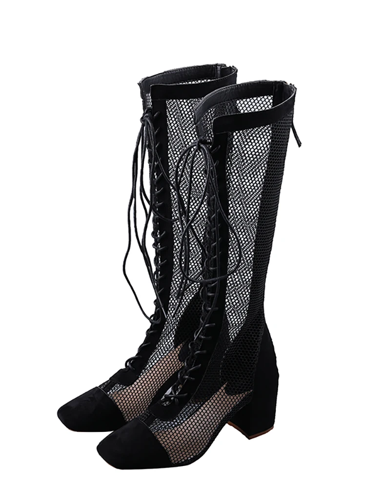 Women\'s shoes boots autumn 2020 breathable mesh lace-up hollow high-heel zipper knee-length boots