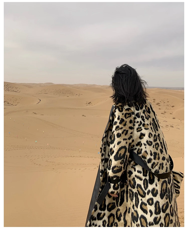 Lautaro Winter Long Leopard Print Warm Fluffy Faux Fur Trench Coat for Women Long Sleeve Double Breasted European Fashion 2021