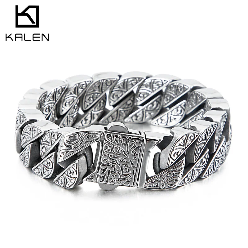 

Kalen 17mm Punk Chunky Curb Cuban Thick Chain Bracelet Men's Stainless Steel Mysterious Symbol Charm Armband Jewelry