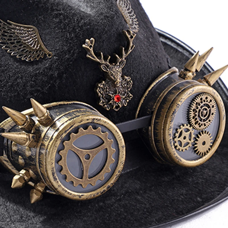 Steampunk Hat Vintage Detachable Goggles Rivet Wings Gothic Cowboy Hat Men Polyester Fishing Top Hats ​Halloween Party