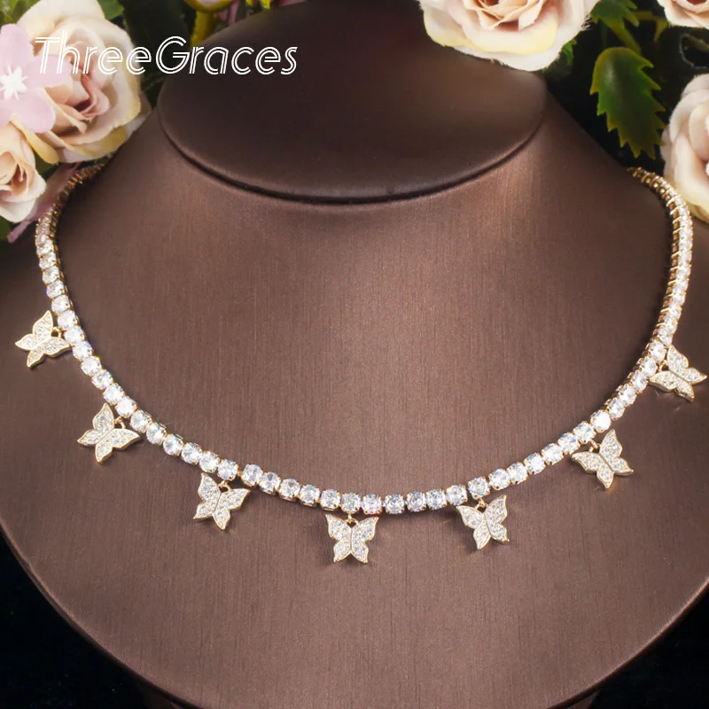 

ThreeGraces Beautiful Cubic Zirconia Paved 585 Gold Color Butterfly Drop Chocker Necklace for Women Fashion Brand Jewelry PN103