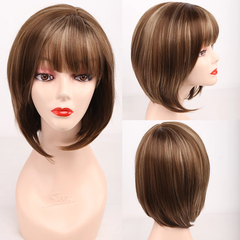 Amir short  Hair Wigs Synthetic Bob Wig With Bangs Ombre Black Mixed Brown Hair For Women Bob Hairstyle Heat Resistant Fiber