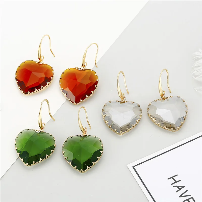 1Pair Female Green Crystal Earrings For Women Jewelry Love Heart Dangle Earings Eardrop Christmas Earing E335